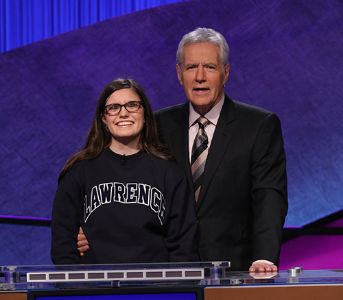 Allison Holley and Alex Trebek on the set of Jeopardy!
