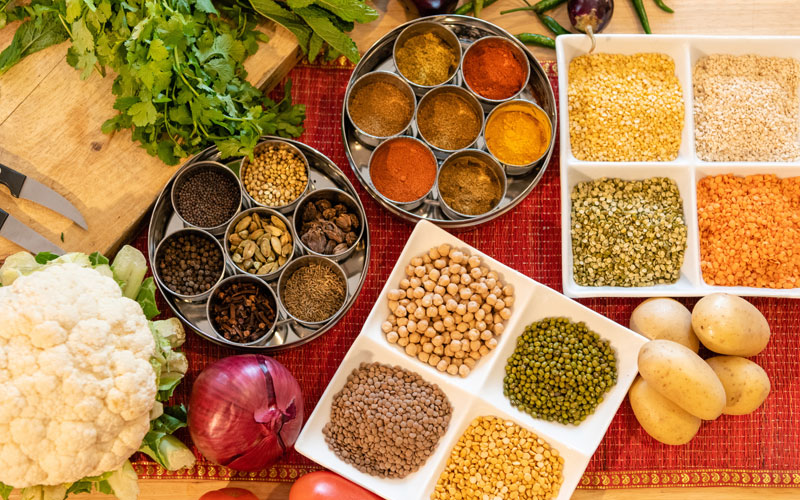 An assortment of spices, dal and vegetables being prepared by Sahar Rizvi of Cleveland Masala