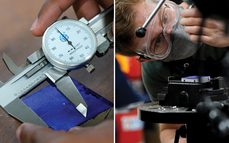 Learning the tools of the trade: at left, students use a micrometer for precision measuring; at right, senior Ben Witt adjusts his settings on the drill press.