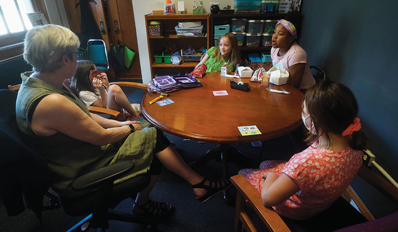 Lomond school counselor Mary Bourisseau teaches students techniques they can use to feel calm and focused throughout the day.