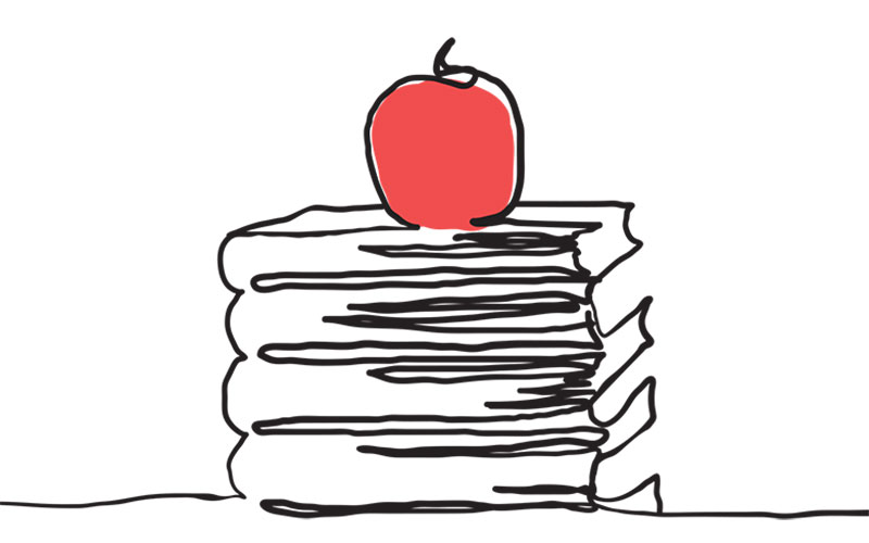 Illustration of an apple on a pile of schoolbooks