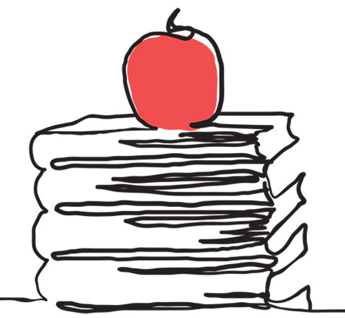Illustration of apple on top of a pile of schoolbooks