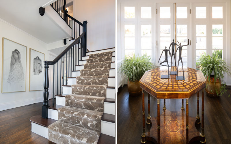 Two photos - one of main staircase and the other a small round table in front of a large window with plants