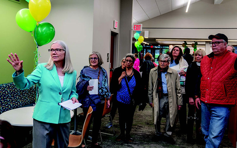 Library Deputy Director Maureen Brodar leads a tour of the newly renovated building.