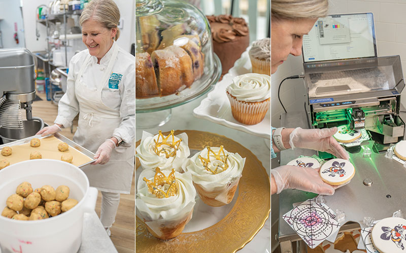 3 photos: Caroline Weingart removing a baking tray of cookies from the oven; a display of Lizzie's Bakery treats; Weingart icing cookies