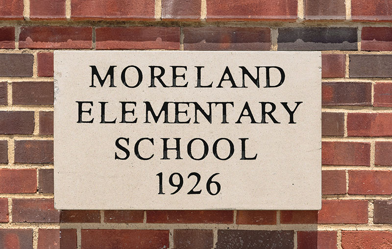 The new cornerstone on Shaker Main library with the inscription Moreland Elementary School 1926