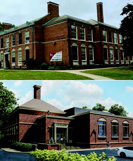 Ludlow School, left, turns 99 years old this year. An architect's rendering of the Ludlow Early Learning Center, right, shows a specially designed entrance for the pick-up and drop-off of preschool students. The new center will open this August.