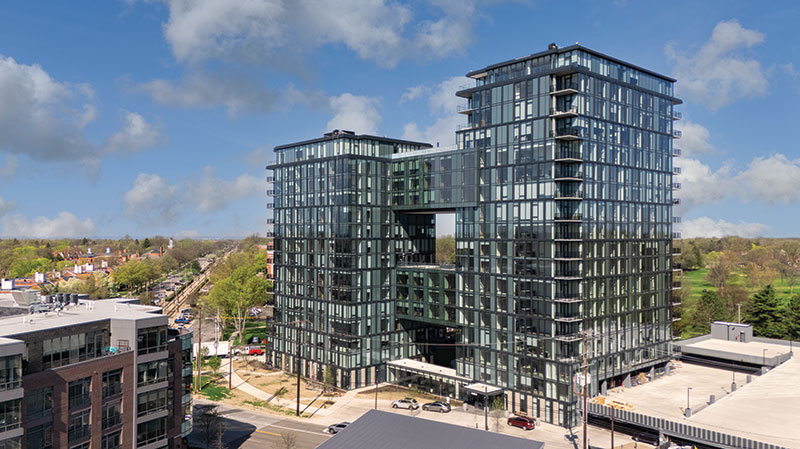 Exterior of the Raye apartment building in the Van Aken District