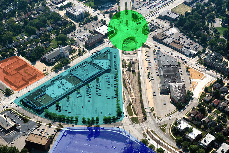 Aerial view of the Van Aken District before the new development started with colors overlaying development sites as described in the caption