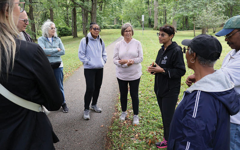 Health professional proving tips during a meeting of the Walking Buddies in Shaker Heights